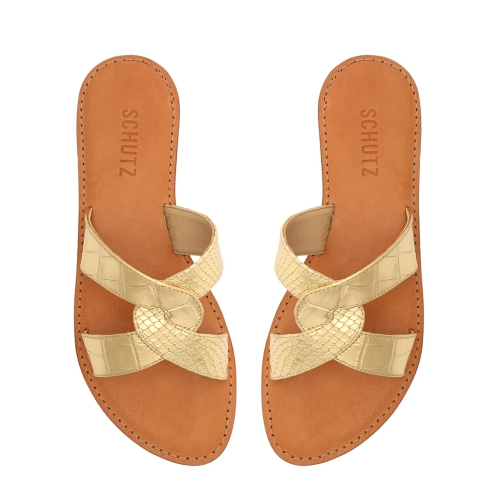 Schutz Rita Metallic Leather Sandal in Gold Size 8 EUC Womens Slides Flats